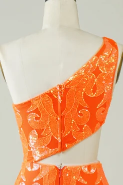 Laranja Um Ombro Glitter Homecoming Dress com Hollow-out