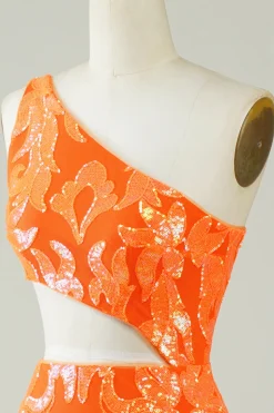 Laranja Um Ombro Glitter Homecoming Dress com Hollow-out