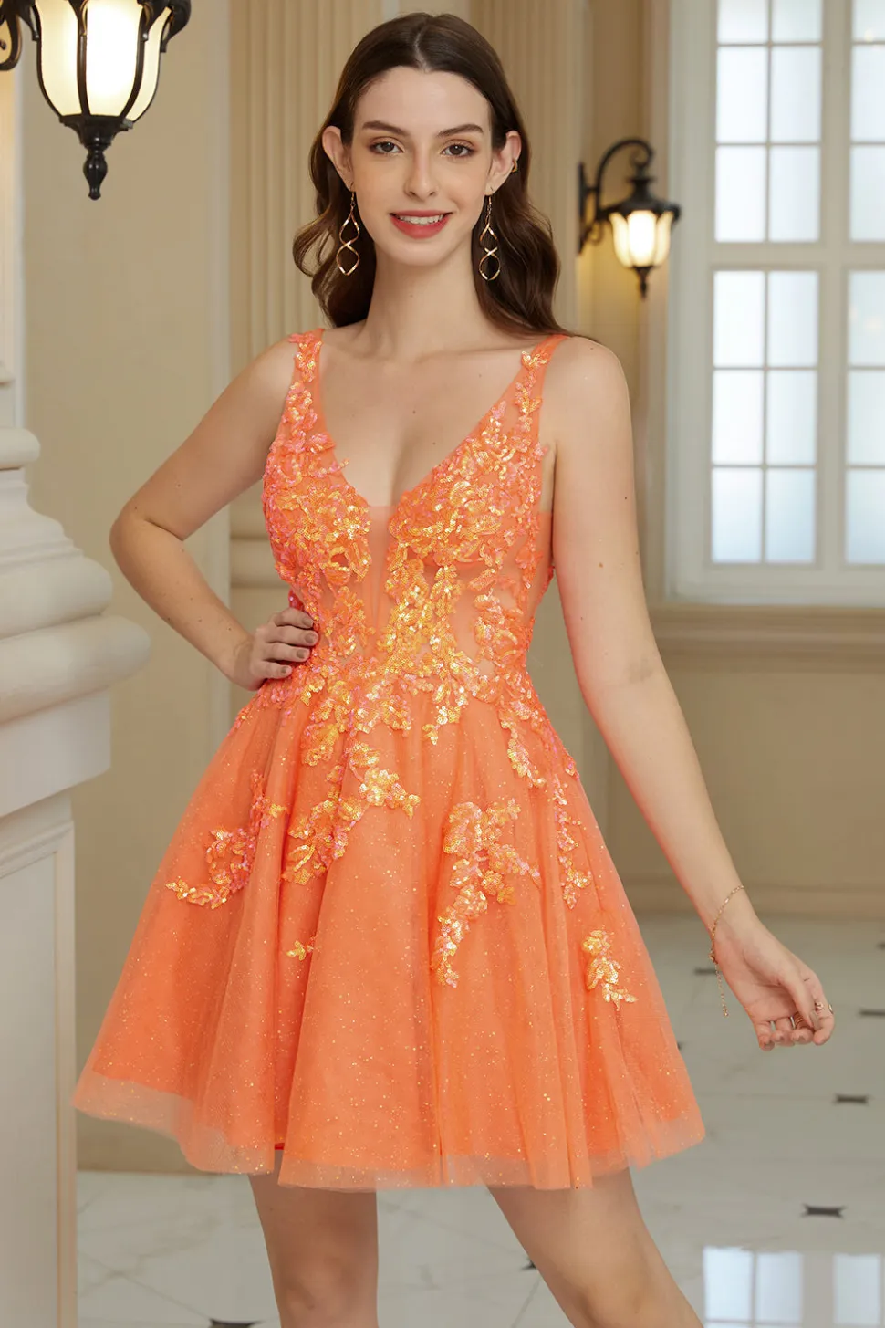 Laranja Uma Linha Glitter Homecoming Dress com Sequins