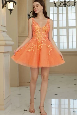 Laranja Uma Linha Glitter Homecoming Dress com Sequins