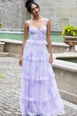 Lavanda A Line Corset Espaghetti Correias Vestido de Festa de Casamento Floral Tiered