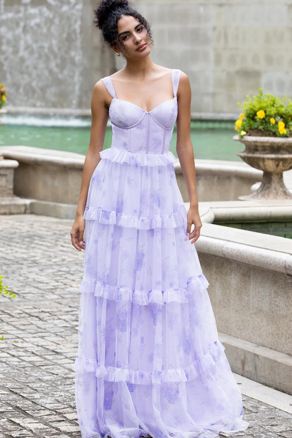 Lavanda A Line Corset Espaghetti Correias Vestido de Festa de Casamento Floral Tiered