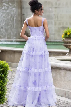 Lavanda A Line Corset Espaghetti Correias Vestido de Festa de Casamento Floral Tiered