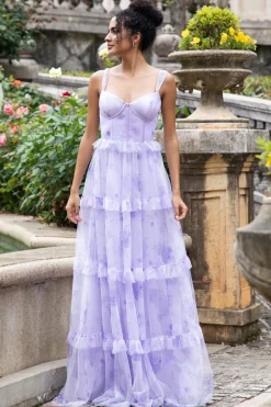 Lavanda A Line Corset Espaghetti Correias Vestido de Festa de Casamento Floral Tiered