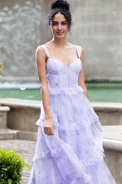Lavanda A Line Corset Espaghetti Correias Vestido de Festa de Casamento Floral Tiered