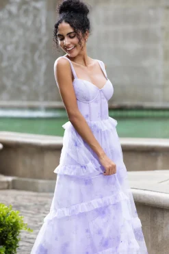 Lavanda A Line Corset Espaghetti Correias Vestido de Festa de Casamento Floral Tiered