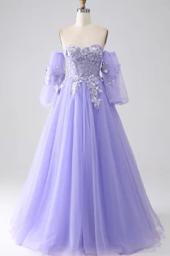 Lavanda A-Line Strapless Tulle Long Prom Vestido com mangas