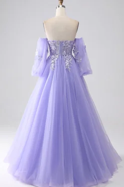 Lavanda A-Line Strapless Tulle Long Prom Vestido com mangas