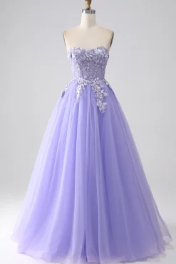 Lavanda A-Line Strapless Tulle Long Prom Vestido com mangas