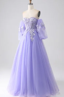 Lavanda A-Line Strapless Tulle Long Prom Vestido com mangas