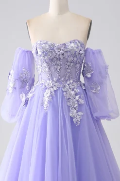 Lavanda A-Line Strapless Tulle Long Prom Vestido com mangas