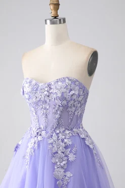 Lavanda A-Line Strapless Tulle Long Prom Vestido com mangas