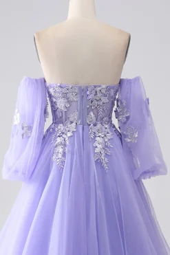 Lavanda A-Line Strapless Tulle Long Prom Vestido com mangas