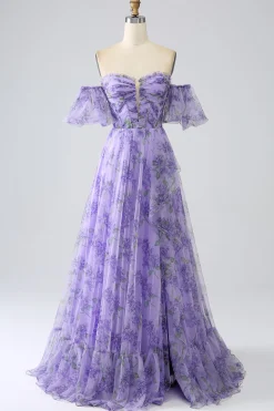 Lavanda estampada fora do ombro Uma linha vestido de baile com mangas removíveis