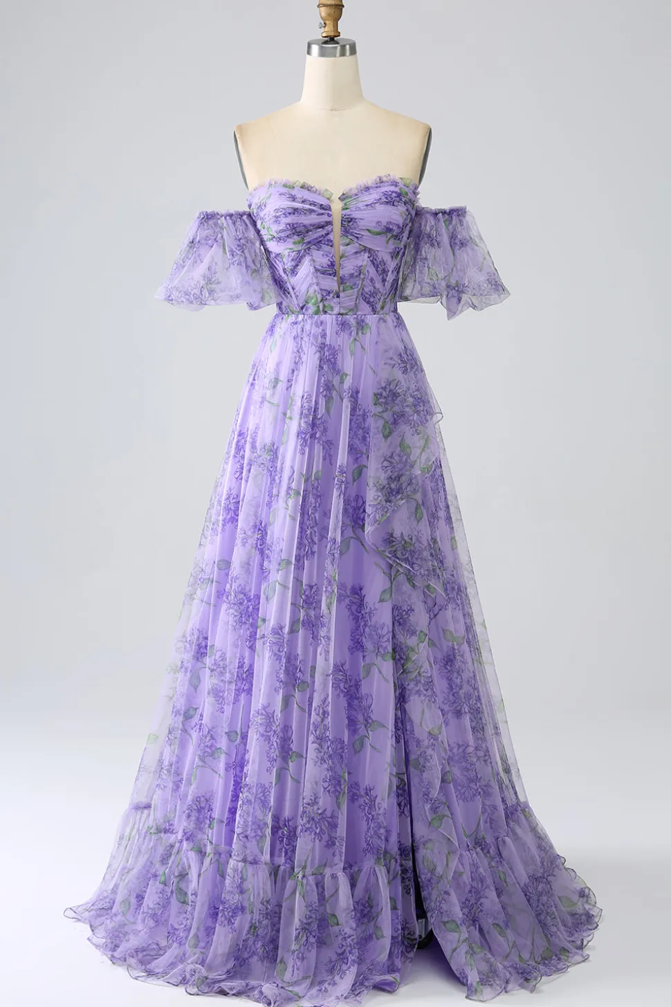 Lavanda estampada fora do ombro Uma linha vestido de baile com mangas removíveis