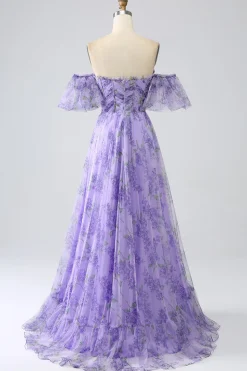 Lavanda estampada fora do ombro Uma linha vestido de baile com mangas removíveis