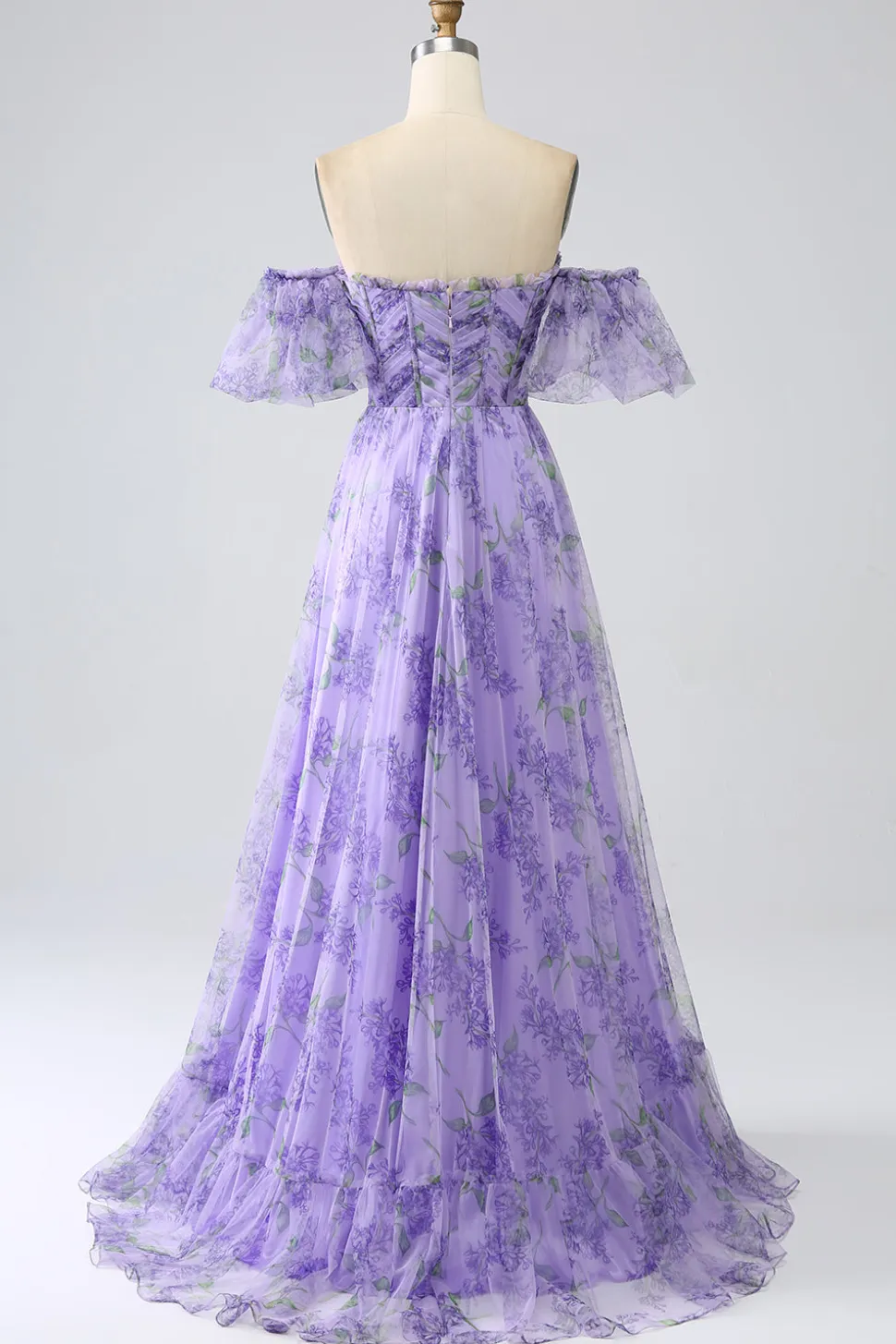 Lavanda estampada fora do ombro Uma linha vestido de baile com mangas removíveis
