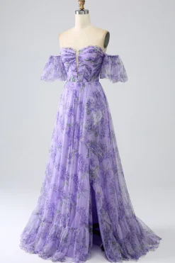 Lavanda estampada fora do ombro Uma linha vestido de baile com mangas removíveis