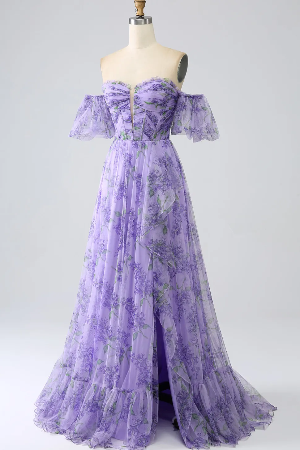 Lavanda estampada fora do ombro Uma linha vestido de baile com mangas removíveis