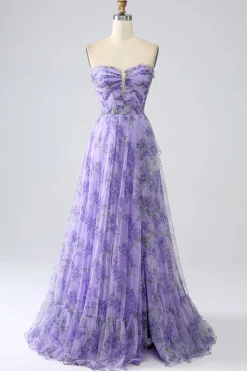 Lavanda estampada fora do ombro Uma linha vestido de baile com mangas removíveis