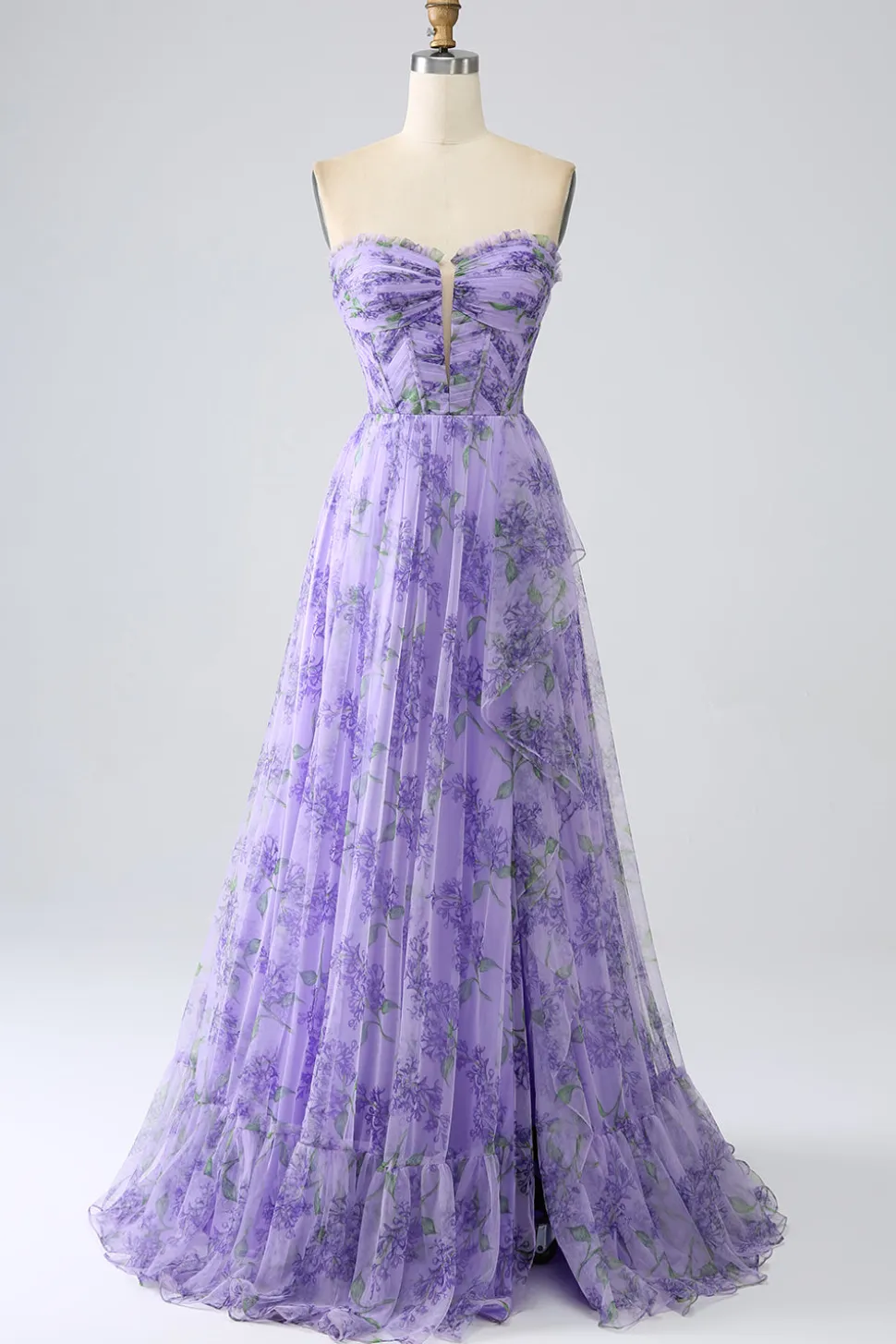 Lavanda estampada fora do ombro Uma linha vestido de baile com mangas removíveis