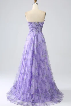 Lavanda estampada fora do ombro Uma linha vestido de baile com mangas removíveis