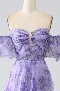 Lavanda estampada fora do ombro Uma linha vestido de baile com mangas removíveis