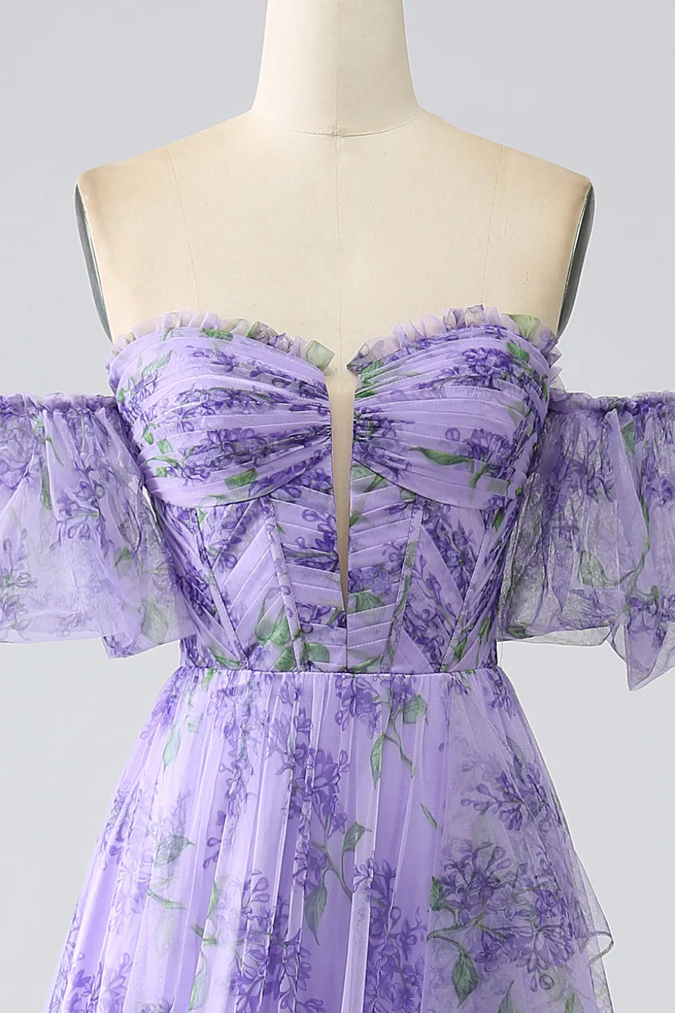 Lavanda estampada fora do ombro Uma linha vestido de baile com mangas removíveis