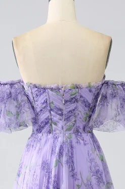Lavanda estampada fora do ombro Uma linha vestido de baile com mangas removíveis
