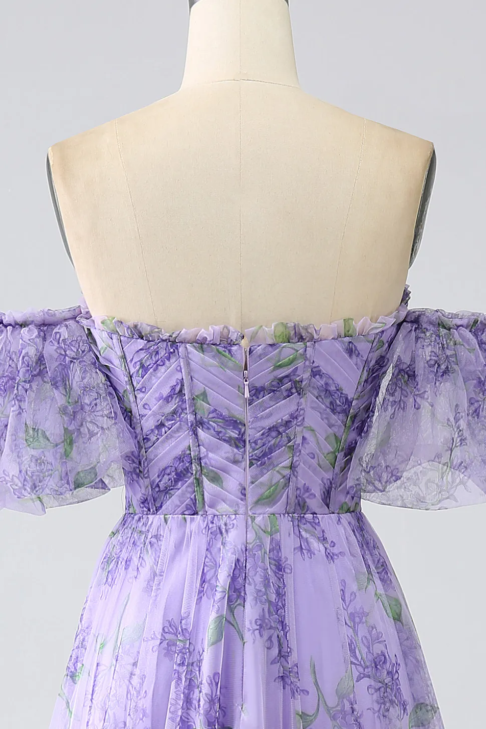 Lavanda estampada fora do ombro Uma linha vestido de baile com mangas removíveis