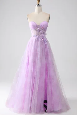Lavanda estampado espartilho sem alças vestido de baile com frisos
