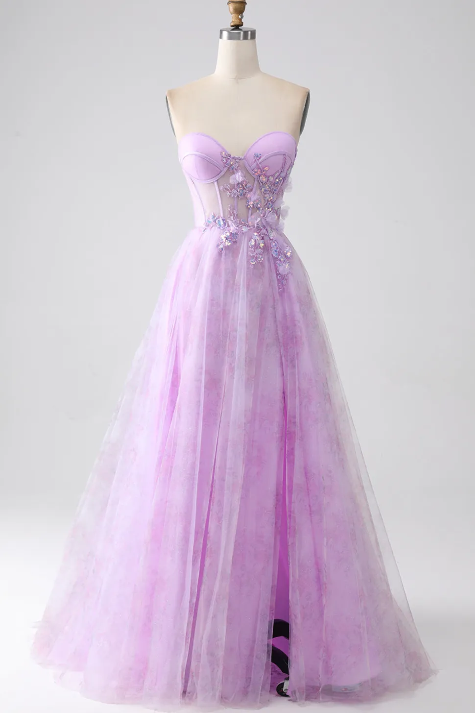 Lavanda estampado espartilho sem alças vestido de baile com frisos