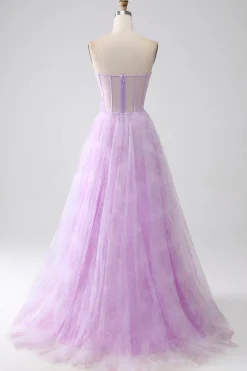Lavanda estampado espartilho sem alças vestido de baile com frisos