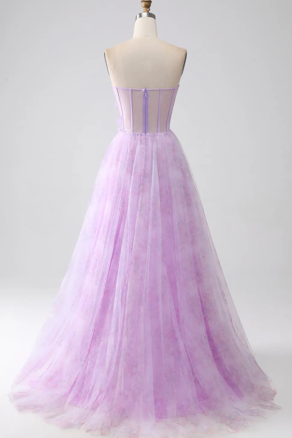 Lavanda estampado espartilho sem alças vestido de baile com frisos