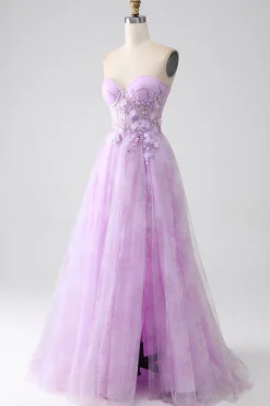 Lavanda estampado espartilho sem alças vestido de baile com frisos