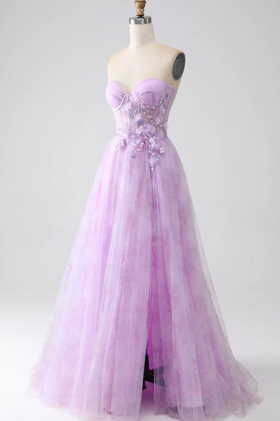 Lavanda estampado espartilho sem alças vestido de baile com frisos