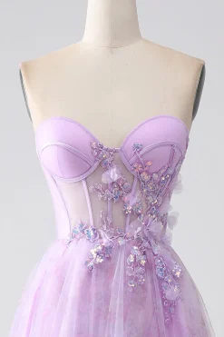 Lavanda estampado espartilho sem alças vestido de baile com frisos