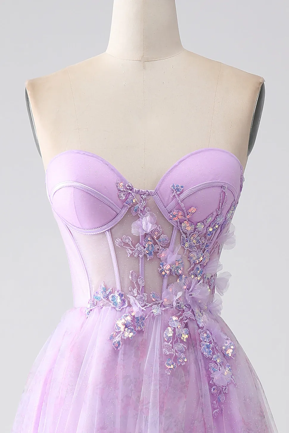 Lavanda estampado espartilho sem alças vestido de baile com frisos
