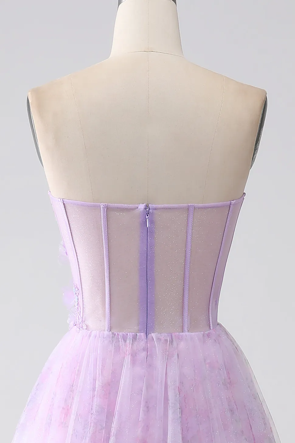 Lavanda estampado espartilho sem alças vestido de baile com frisos