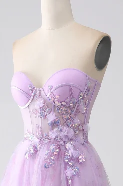 Lavanda estampado espartilho sem alças vestido de baile com frisos