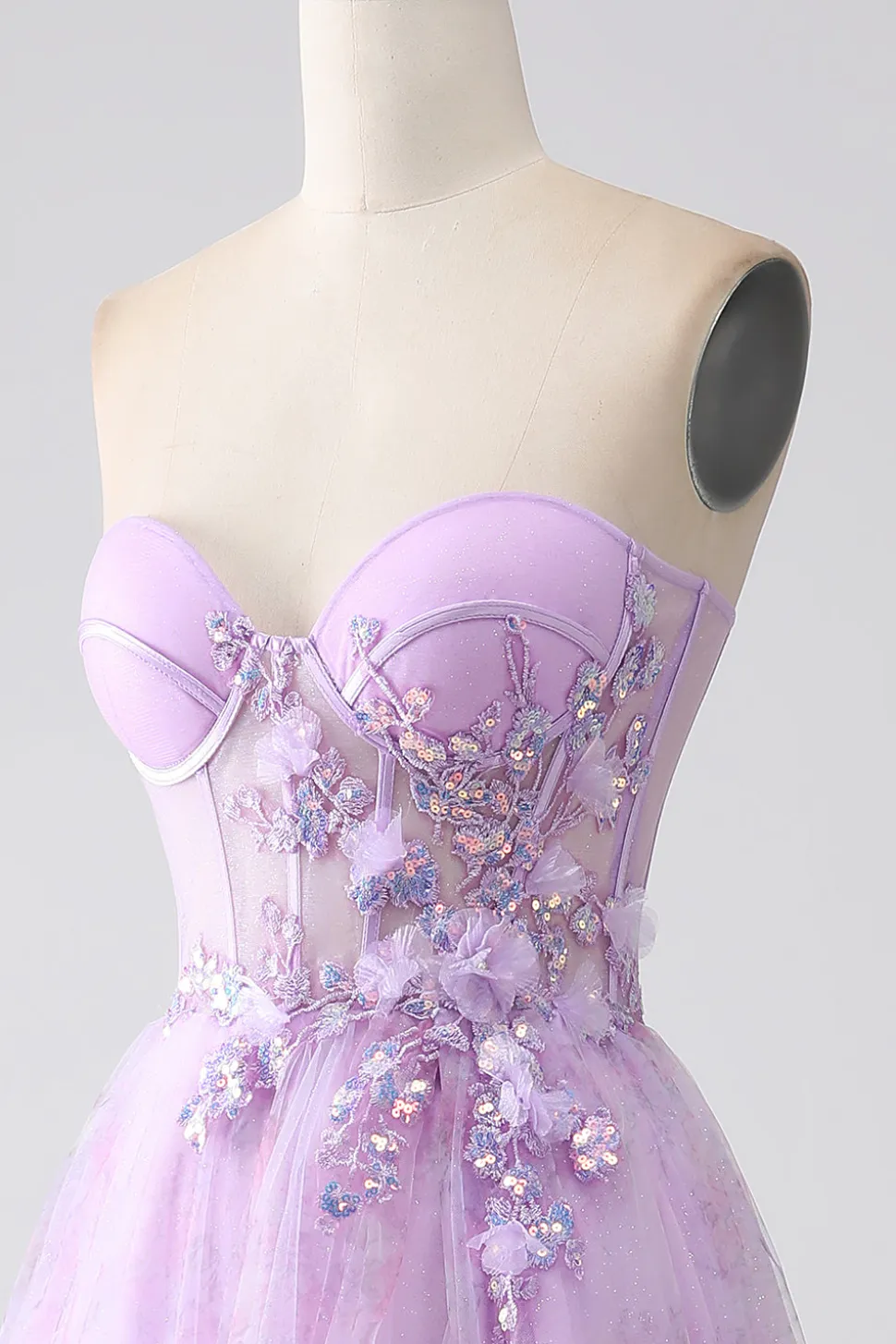 Lavanda estampado espartilho sem alças vestido de baile com frisos