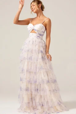 Lavanda Flor Princesa Esparguete Alças Tiered Prom Dress com Pississados