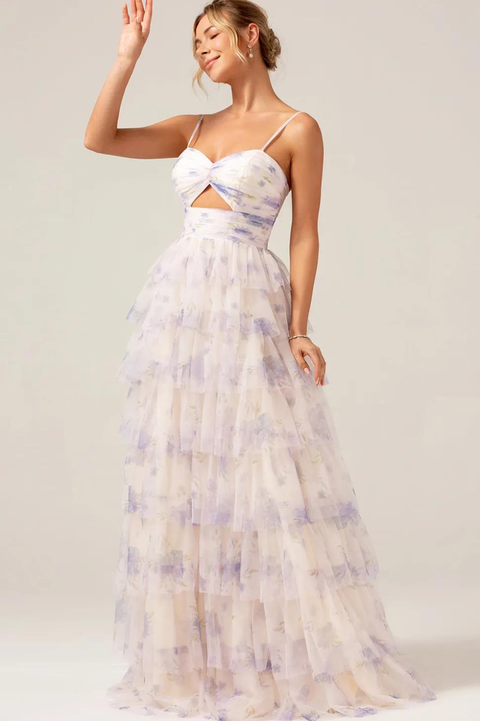 Lavanda Flor Princesa Esparguete Alças Tiered Prom Dress com Pississados