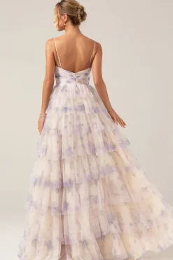 Lavanda Flor Princesa Esparguete Alças Tiered Prom Dress com Pississados