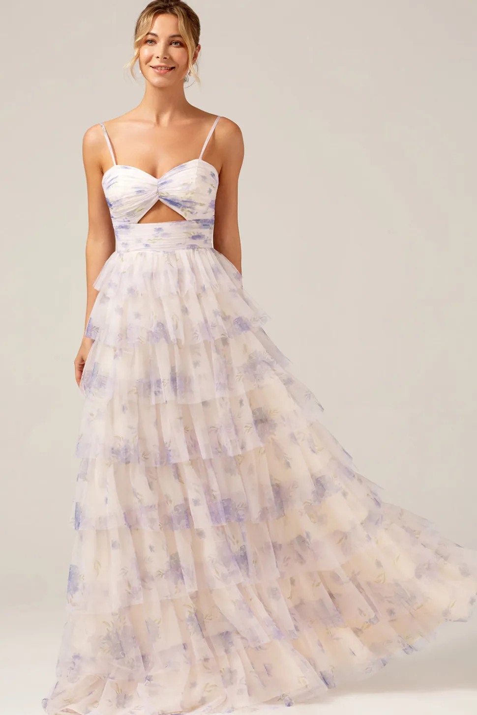 Lavanda Flor Princesa Esparguete Alças Tiered Prom Dress com Pississados