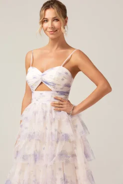 Lavanda Flor Princesa Esparguete Alças Tiered Prom Dress com Pississados