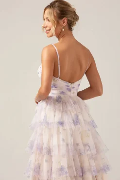 Lavanda Flor Princesa Esparguete Alças Tiered Prom Dress com Pississados
