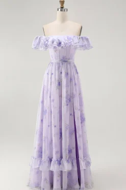 Lavanda Floral babado fora do ombro Um vestido de dama de honra linha