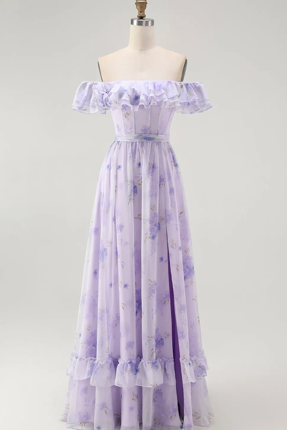 Lavanda Floral babado fora do ombro Um vestido de dama de honra linha