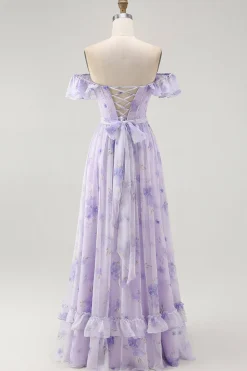 Lavanda Floral babado fora do ombro Um vestido de dama de honra linha